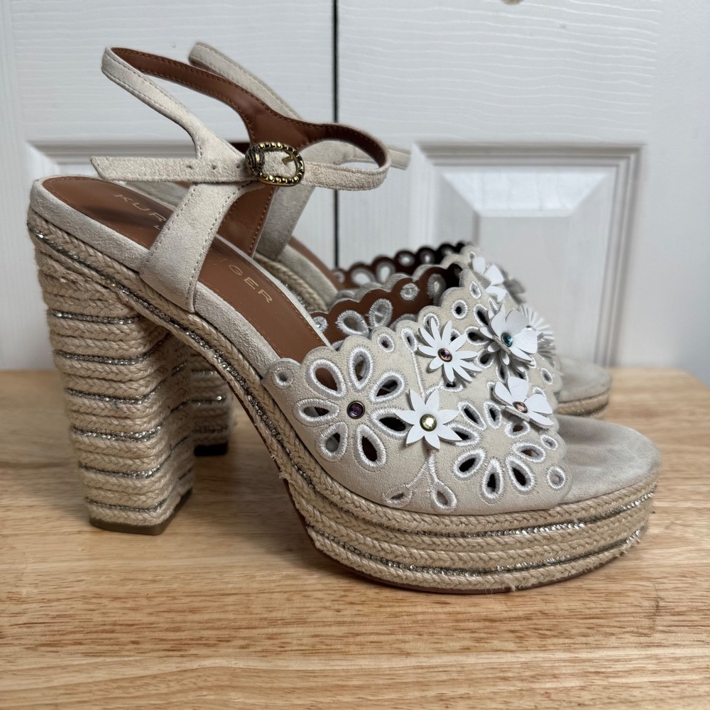 Kurt Geiger Floral Platform Sandals 41 Cream Cottagecore Boho Espadrille Heels